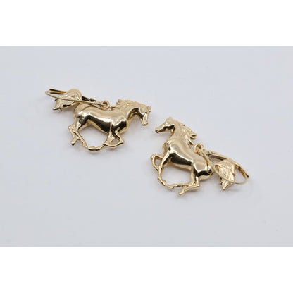 14K Yellow Gold Lever Back Dangle 3D Horse Earrings