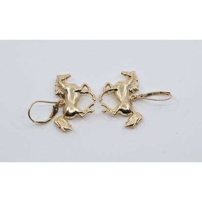 14K Yellow Gold Lever Back Dangle 3D Horse Earrings
