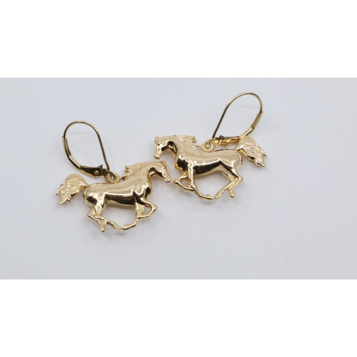 14K Yellow Gold Lever Back Dangle 3D Horse Earrings