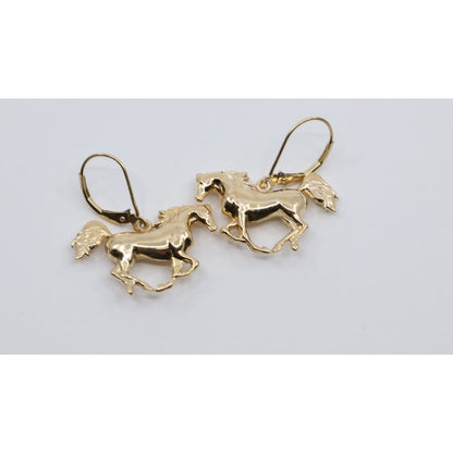 14K Yellow Gold Lever Back Dangle 3D Horse Earrings
