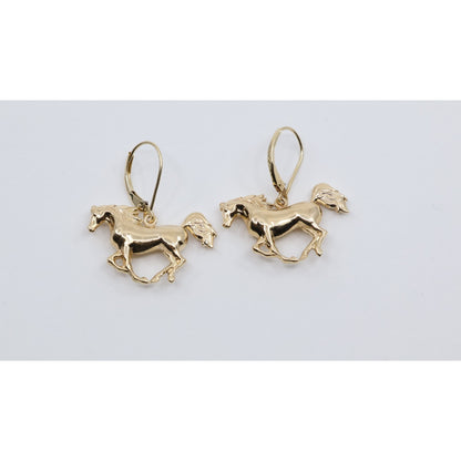 14K Yellow Gold Lever Back Dangle 3D Horse Earrings