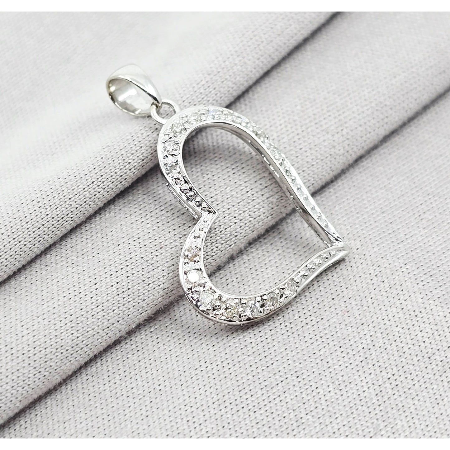 14K White Gold Open Heart Diamond Charm Pendant