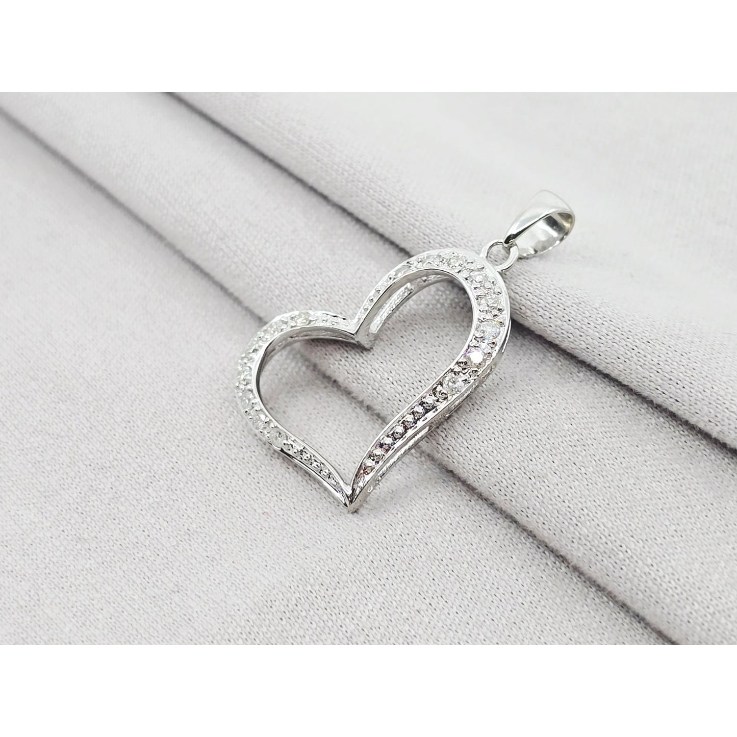14K White Gold Open Heart Diamond Charm Pendant