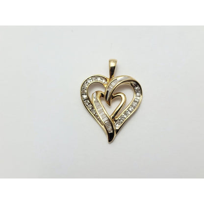 10K Yellow Gold Heart Round Diamond Charm Pendant