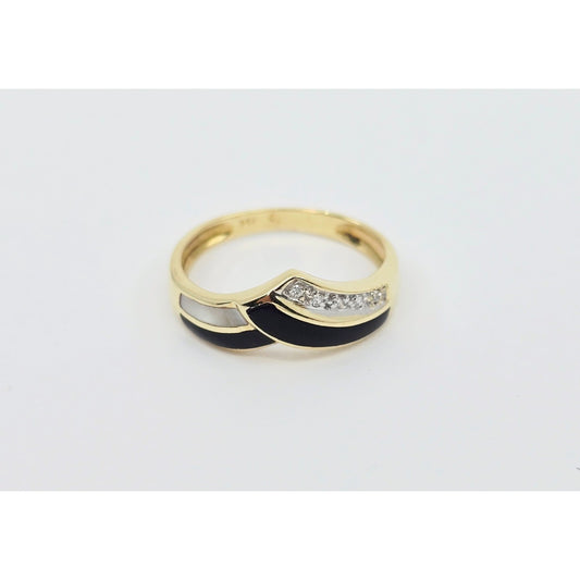 14K Yellow Gold Diamond, Black Onyx & Mother of Pearl Ring