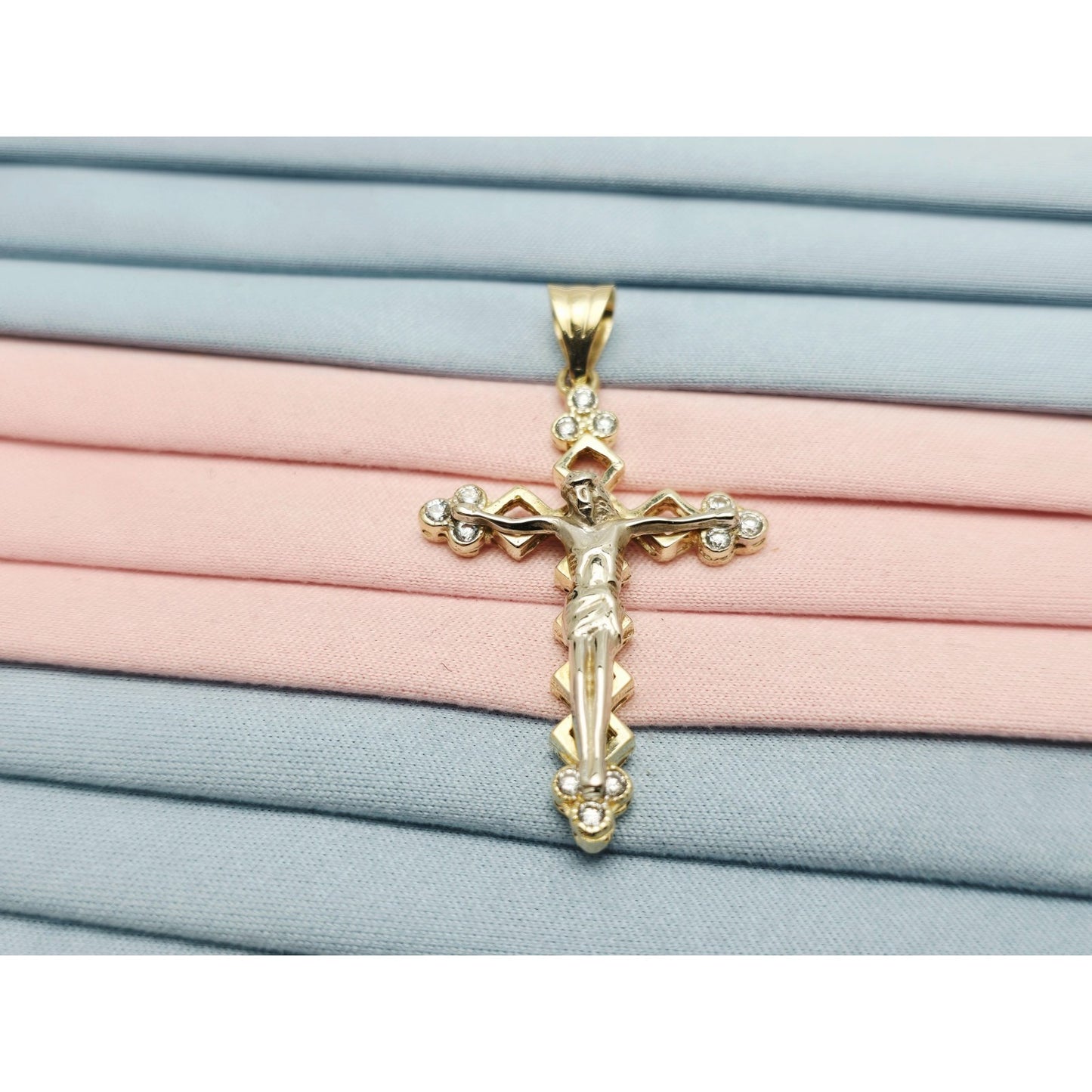 14K Two Tone Gold Jesus on Cross CZ Charm Pendant