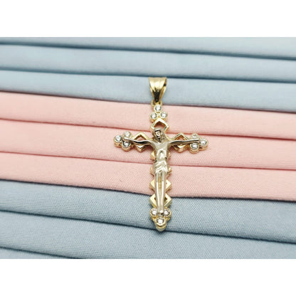 14K Two Tone Gold Jesus on Cross CZ Charm Pendant