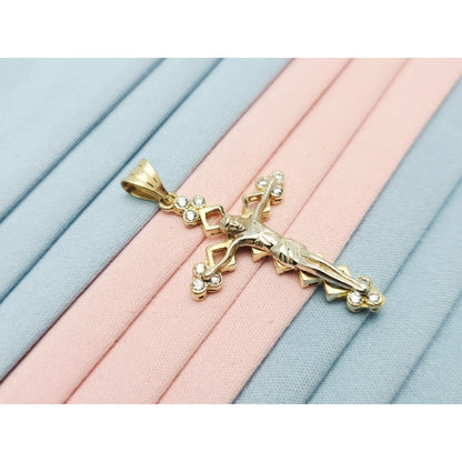 14K Two Tone Gold Jesus on Cross CZ Charm Pendant