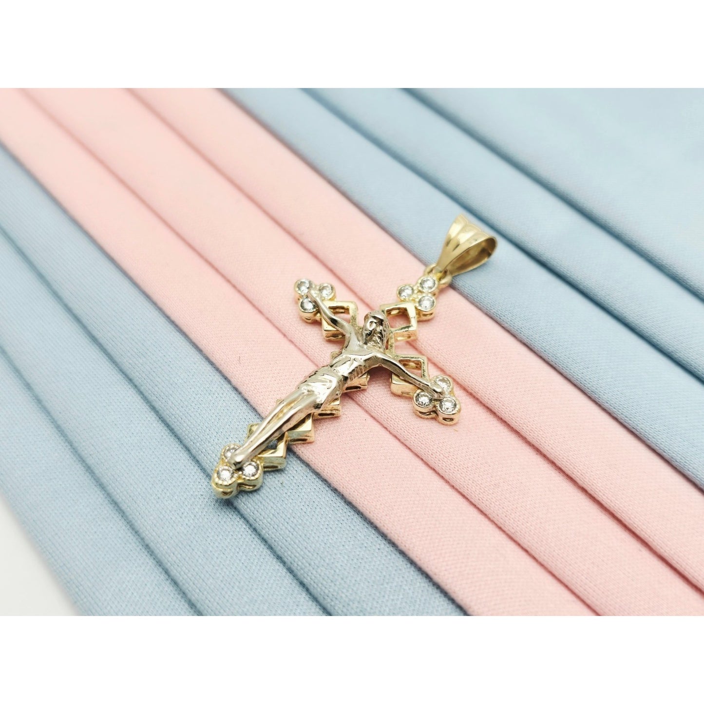 14K Two Tone Gold Jesus on Cross CZ Charm Pendant