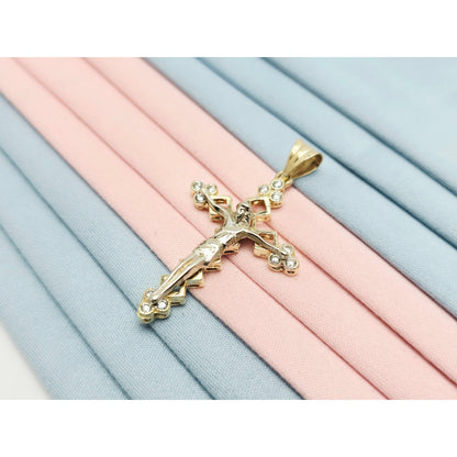 14K Two Tone Gold Jesus on Cross CZ Charm Pendant