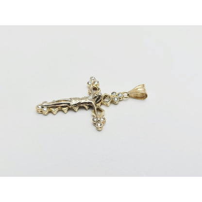 14K Two Tone Gold Jesus on Cross CZ Charm Pendant
