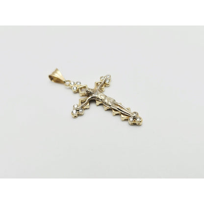 14K Two Tone Gold Jesus on Cross CZ Charm Pendant