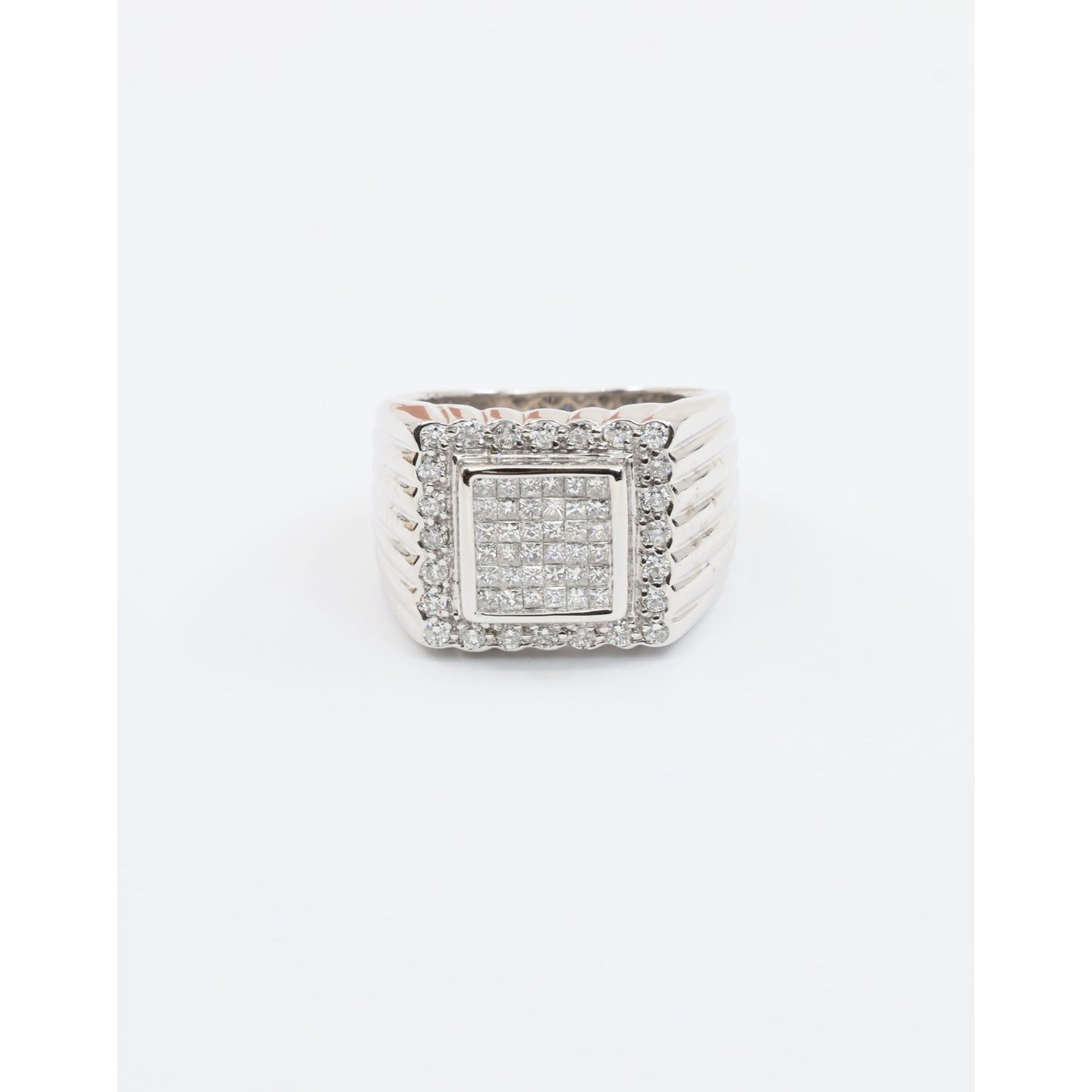 14K White Gold Princess Cut Diamond Cluster Halo Men's Ring