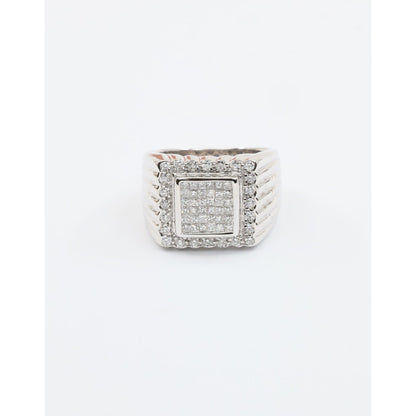 14K White Gold Princess Cut Diamond Cluster Halo Men's Ring