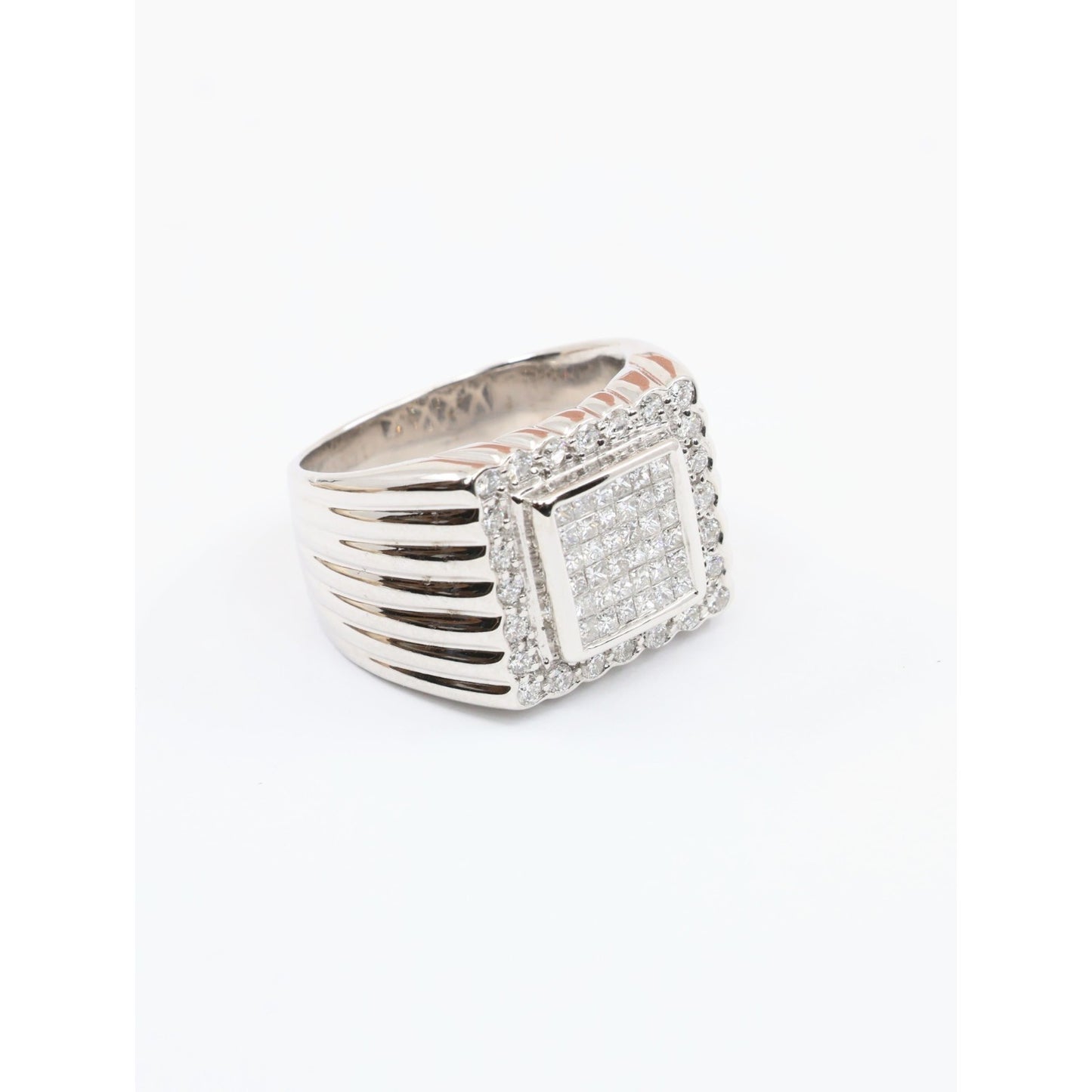 14K White Gold Princess Cut Diamond Cluster Halo Men's Ring