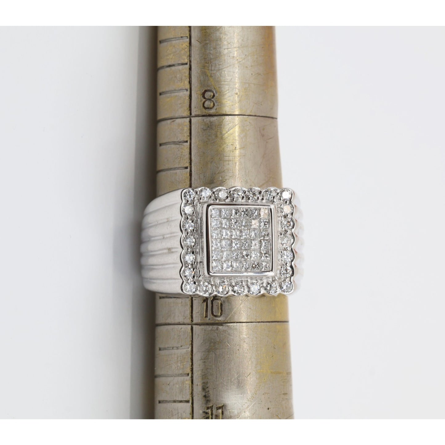 14K White Gold Princess Cut Diamond Cluster Halo Men's Ring