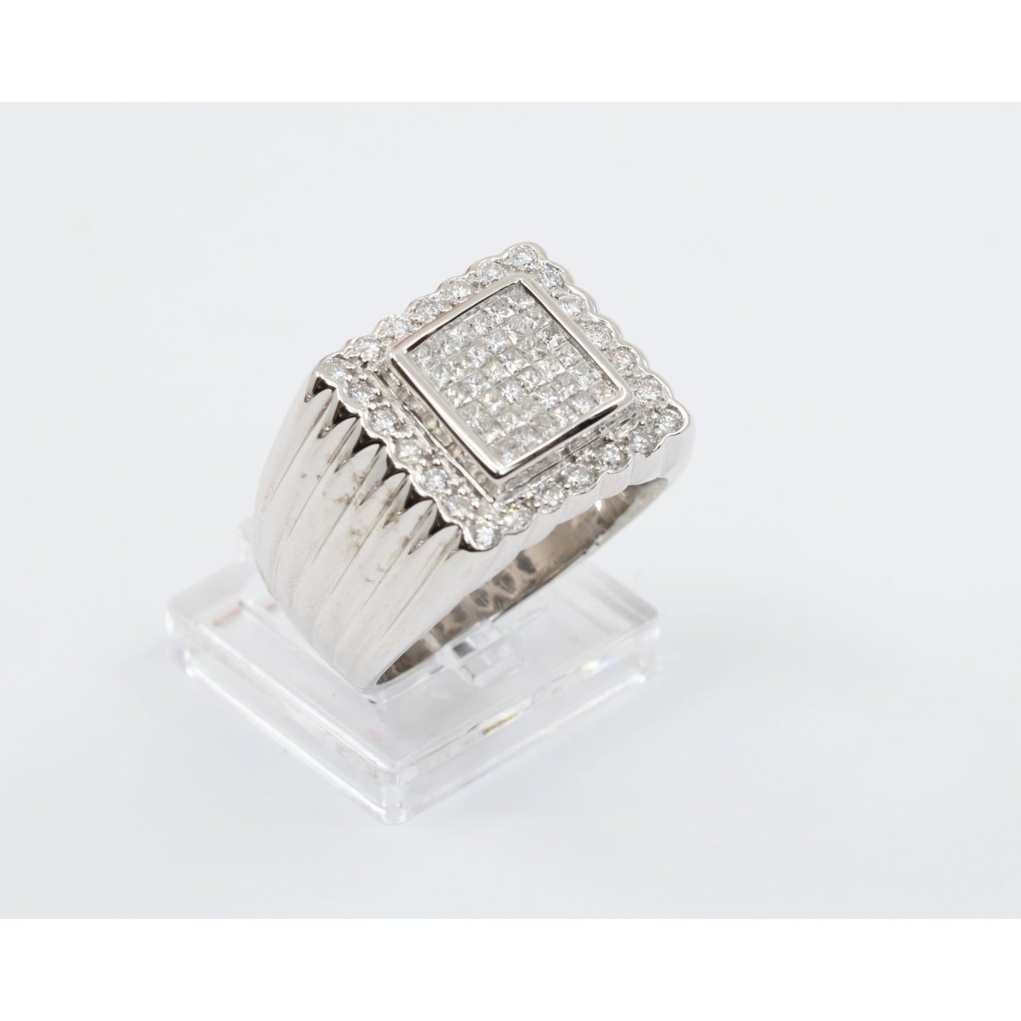 14K White Gold Princess Cut Diamond Cluster Halo Men's Ring