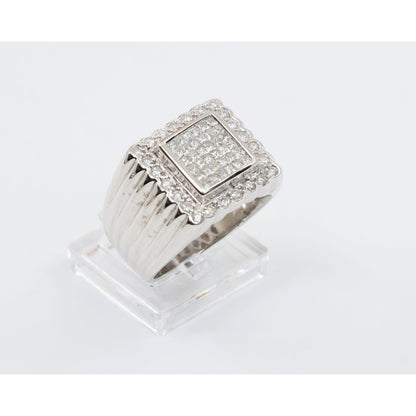 14K White Gold Princess Cut Diamond Cluster Halo Men's Ring