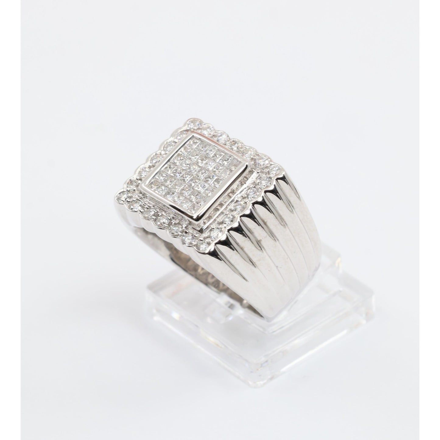 14K White Gold Princess Cut Diamond Cluster Halo Men's Ring