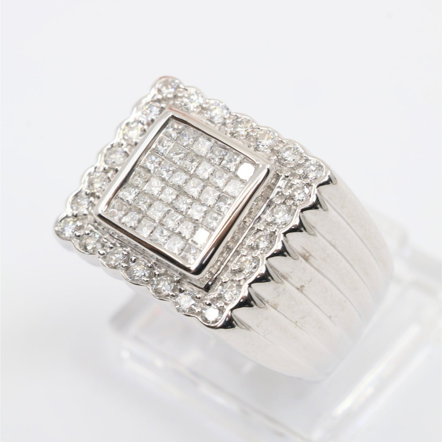 14K White Gold Princess Cut Diamond Cluster Halo Men's Ring