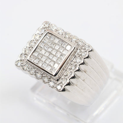 14K White Gold Princess Cut Diamond Cluster Halo Men's Ring