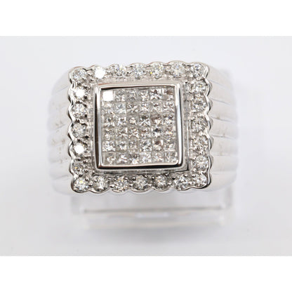 14K White Gold Princess Cut Diamond Cluster Halo Men's Ring