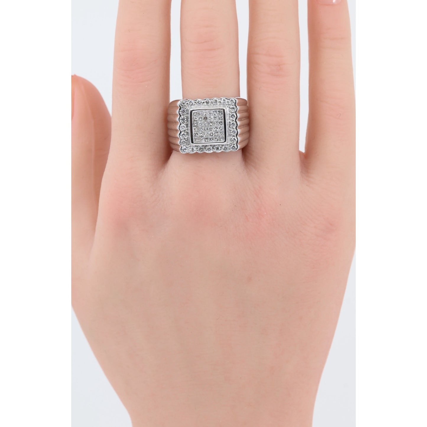 14K White Gold Princess Cut Diamond Cluster Halo Men's Ring