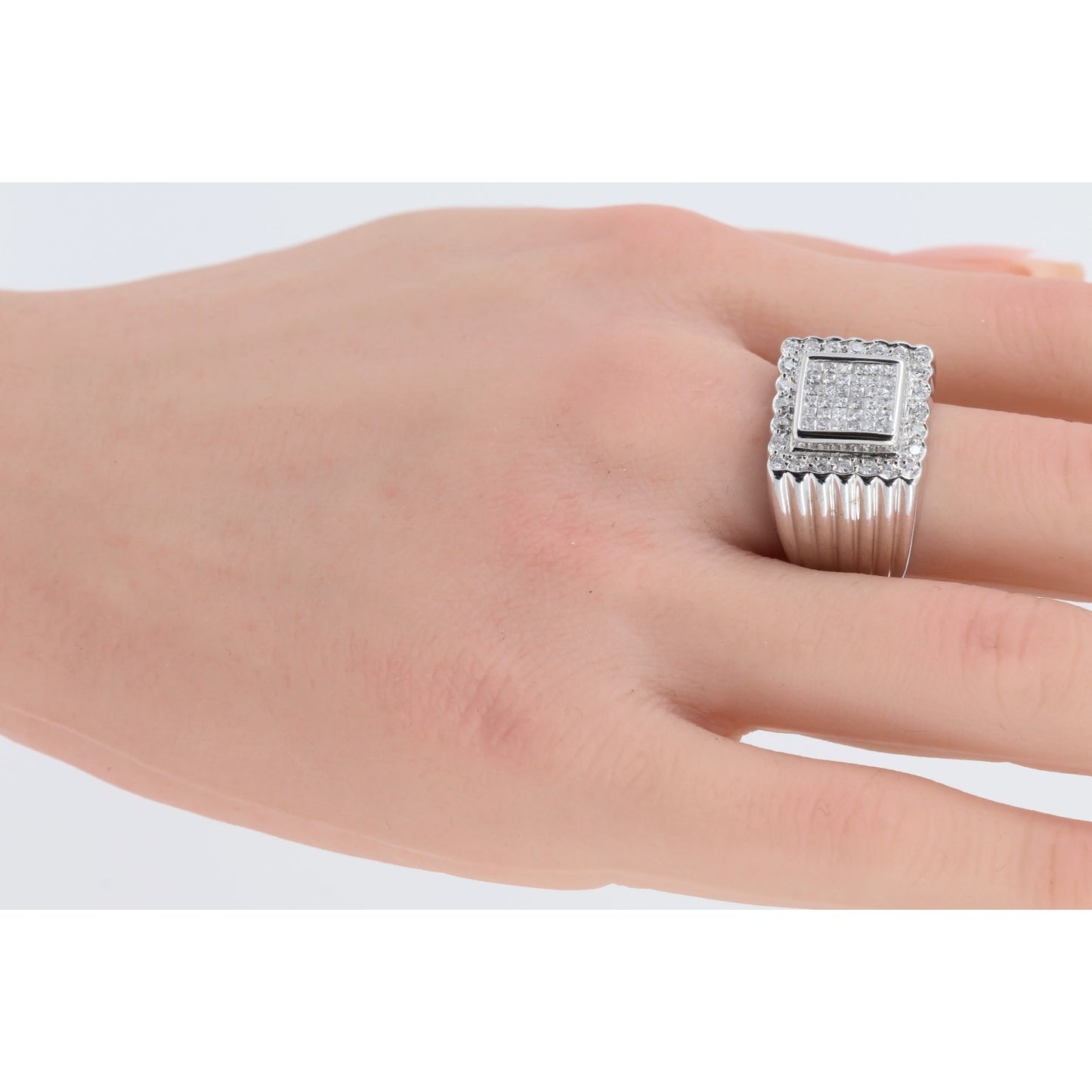 14K White Gold Princess Cut Diamond Cluster Halo Men's Ring