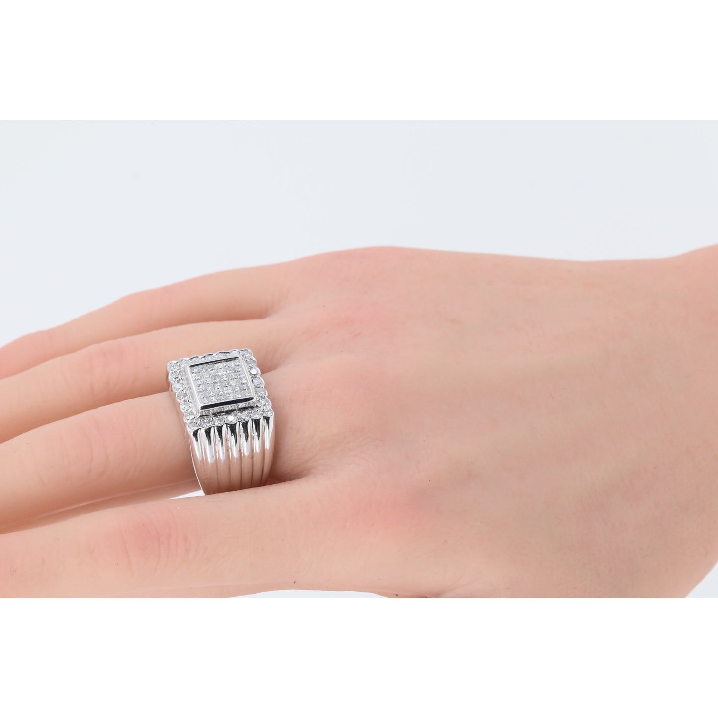 14K White Gold Princess Cut Diamond Cluster Halo Men's Ring