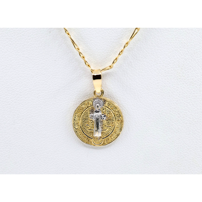 14K Two Tone Gold Religious Round Saint Benedict Charm Pendant