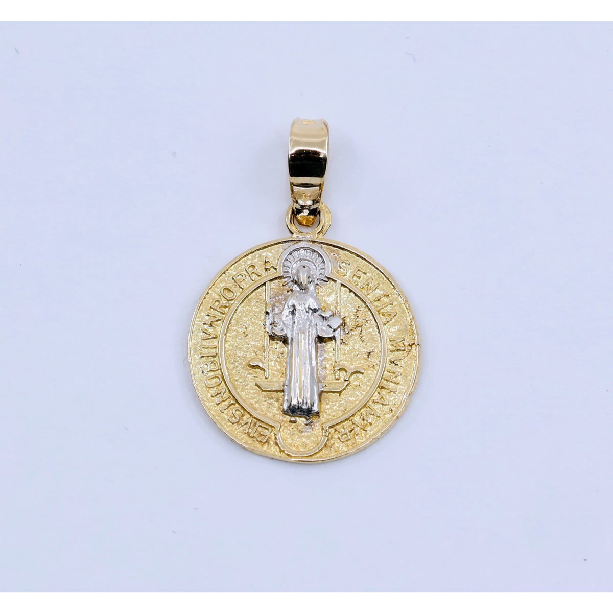 14K Two Tone Gold Religious Round Saint Benedict Charm Pendant