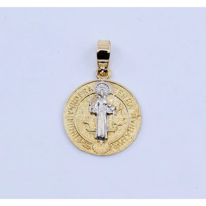 14K Two Tone Gold Religious Round Saint Benedict Charm Pendant