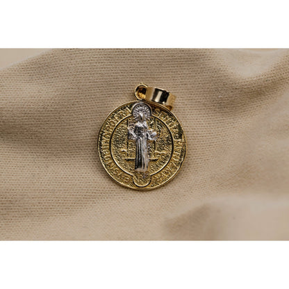 14K Two Tone Gold Religious Round Saint Benedict Charm Pendant
