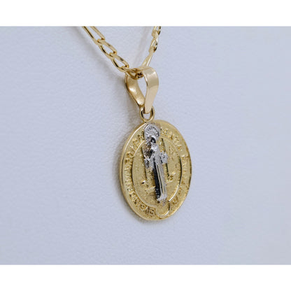 14K Two Tone Gold Religious Round Saint Benedict Charm Pendant