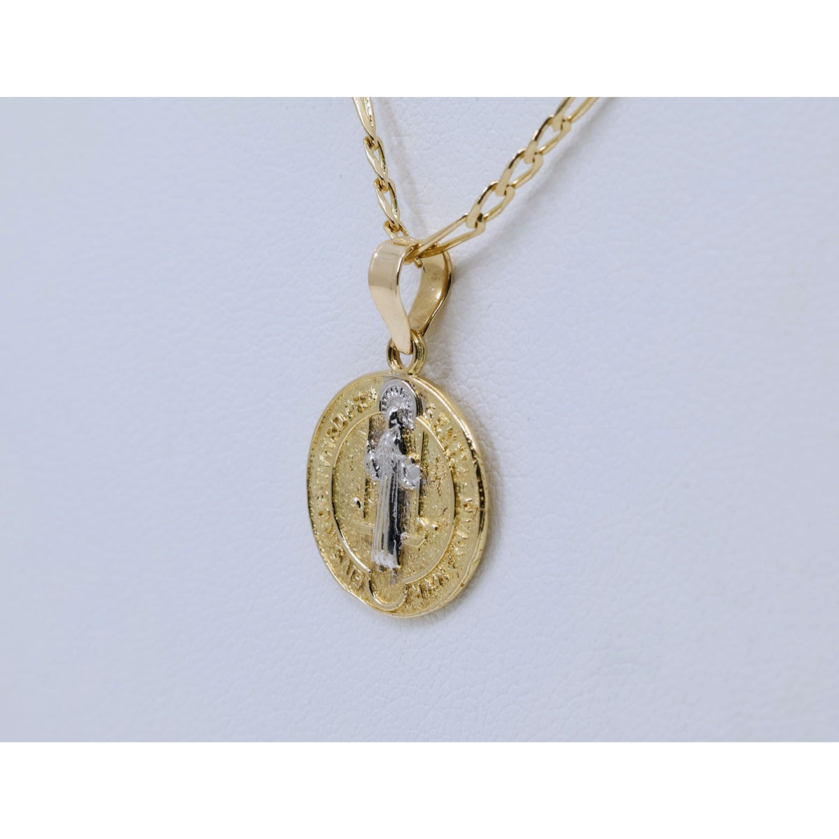 14K Two Tone Gold Religious Round Saint Benedict Charm Pendant