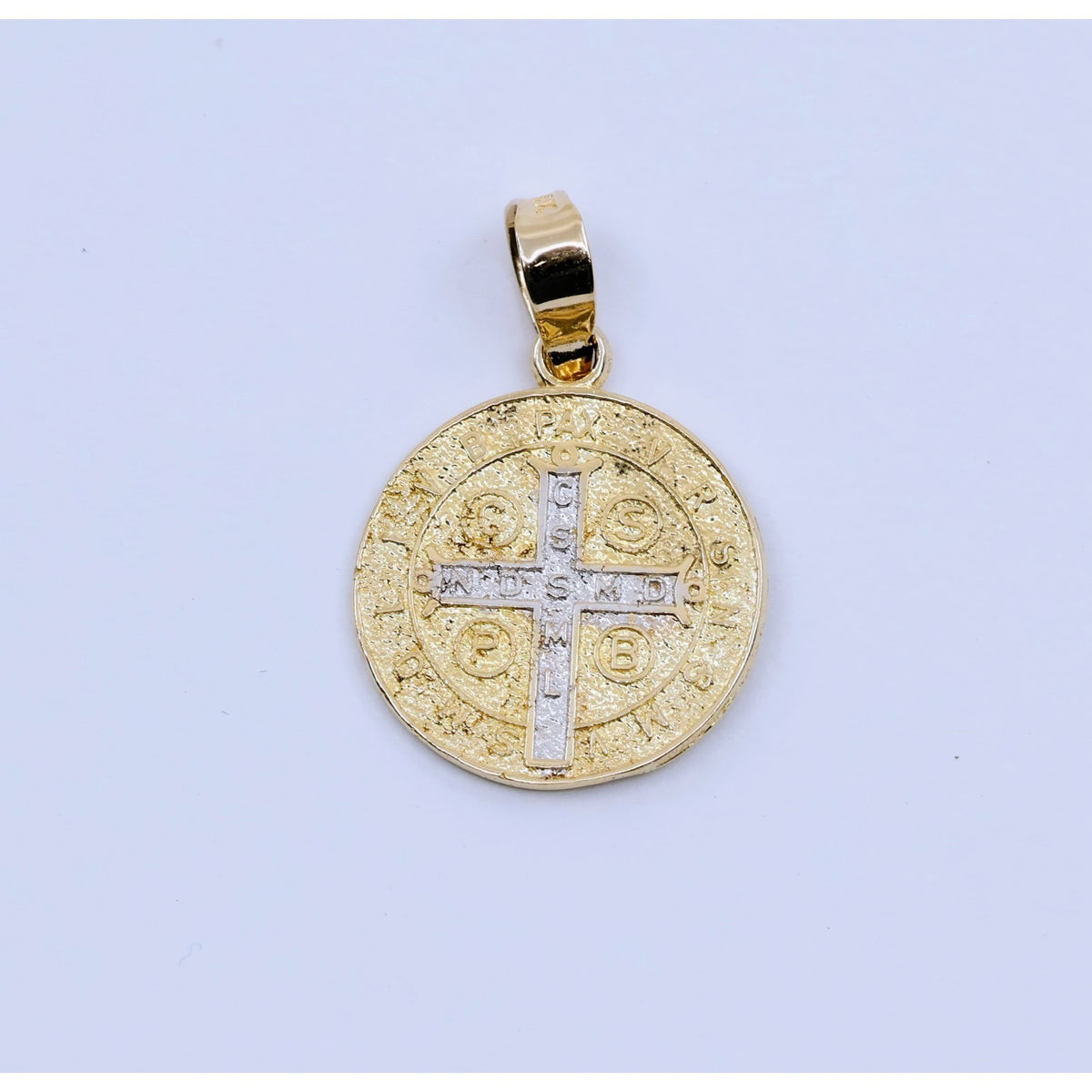 14K Two Tone Gold Religious Round Saint Benedict Charm Pendant