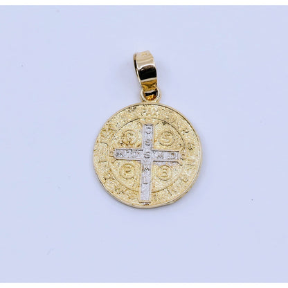 14K Two Tone Gold Religious Round Saint Benedict Charm Pendant