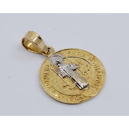 14K Two Tone Gold Religious Round Saint Benedict Charm Pendant