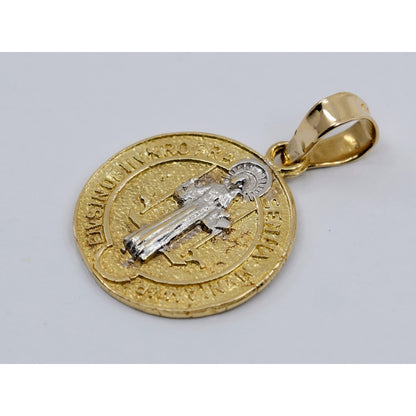14K Two Tone Gold Religious Round Saint Benedict Charm Pendant