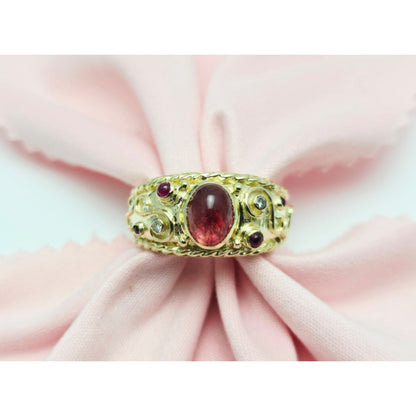 14K Yellow Gold Cabochon Ruby & Diamond Wide Band Ring