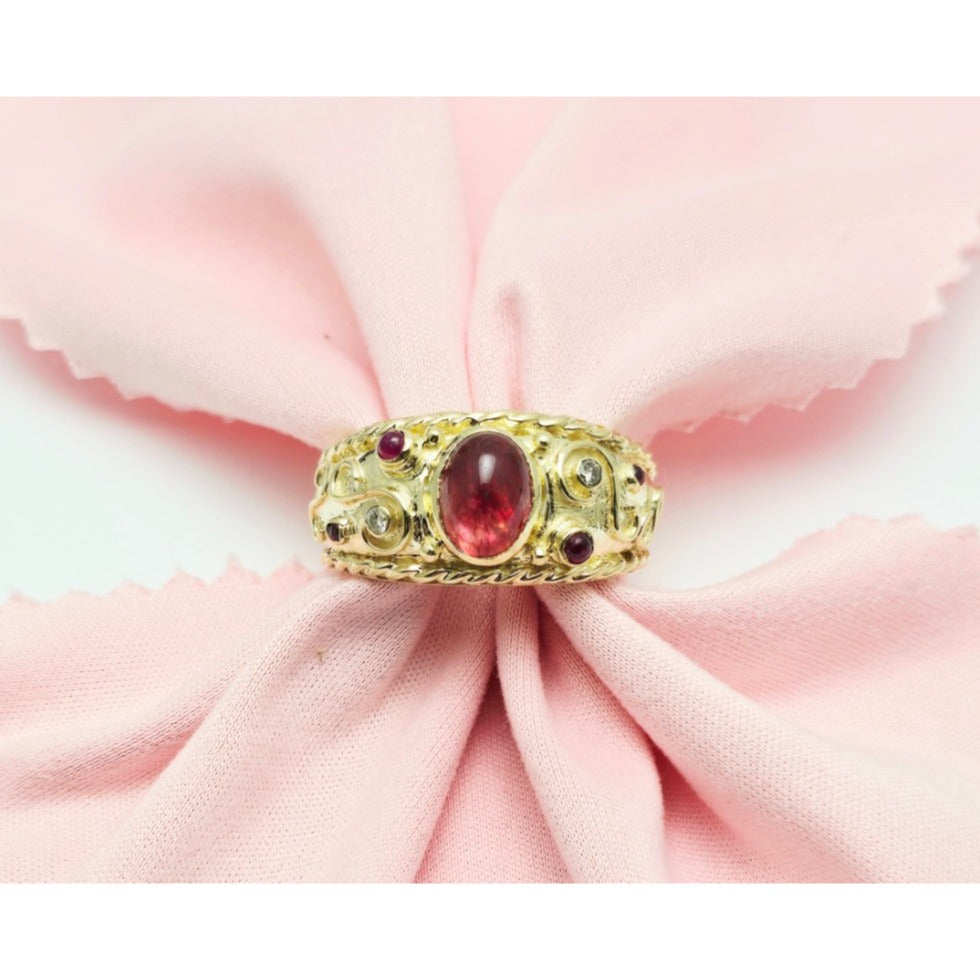 14K Yellow Gold Cabochon Ruby & Diamond Wide Band Ring