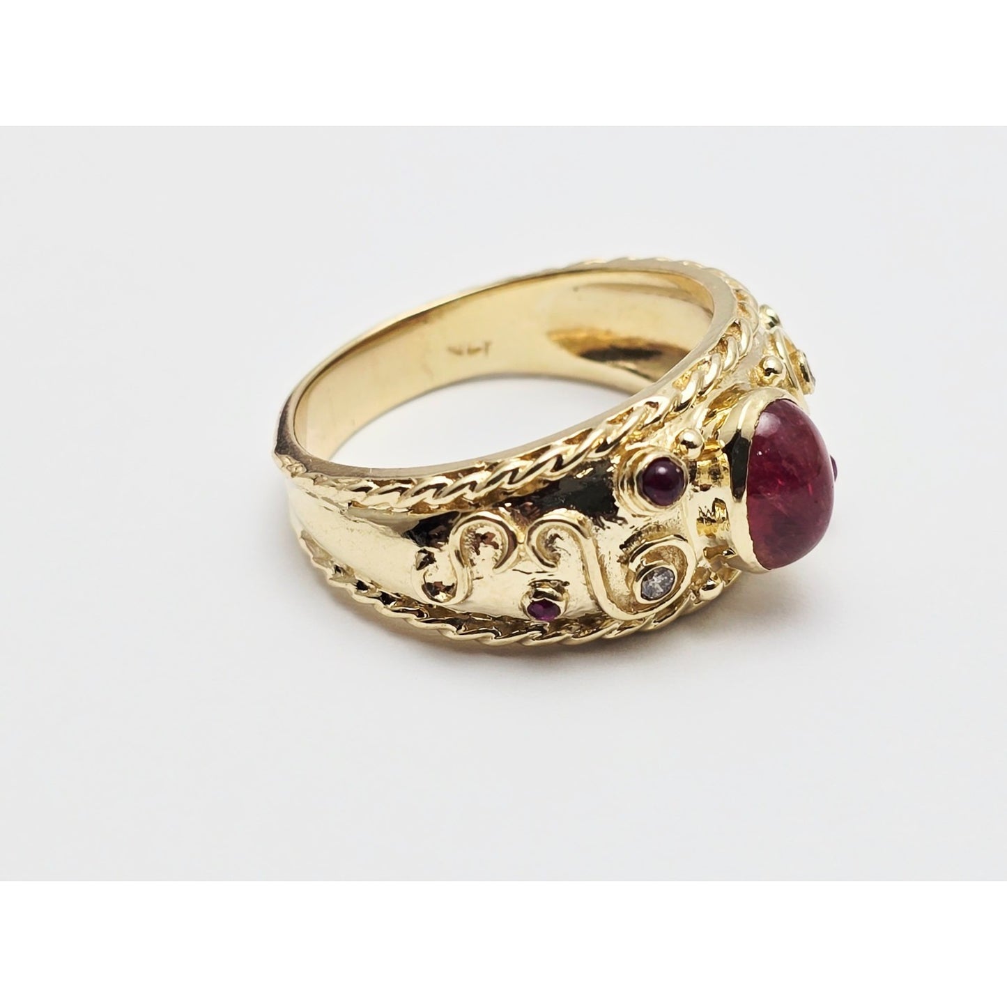 14K Yellow Gold Cabochon Ruby & Diamond Wide Band Ring