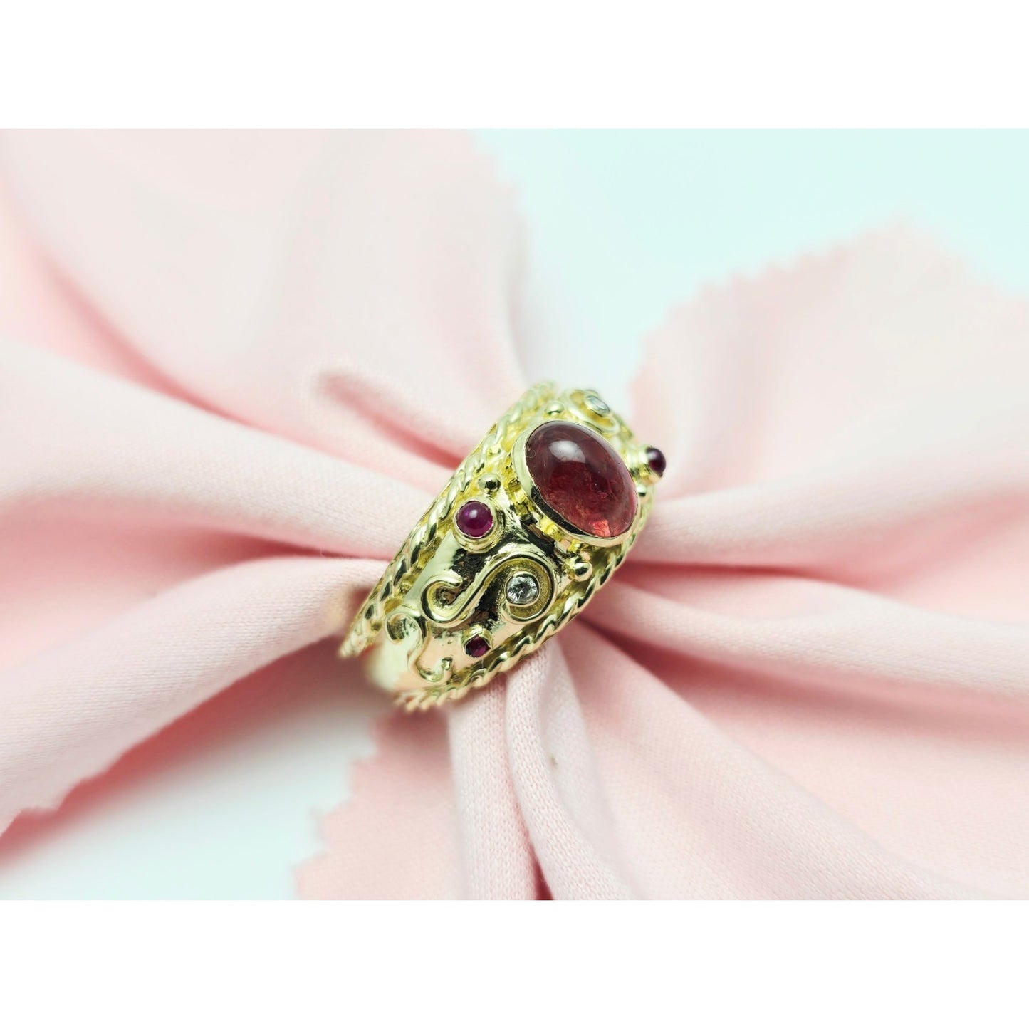 14K Yellow Gold Cabochon Ruby & Diamond Wide Band Ring