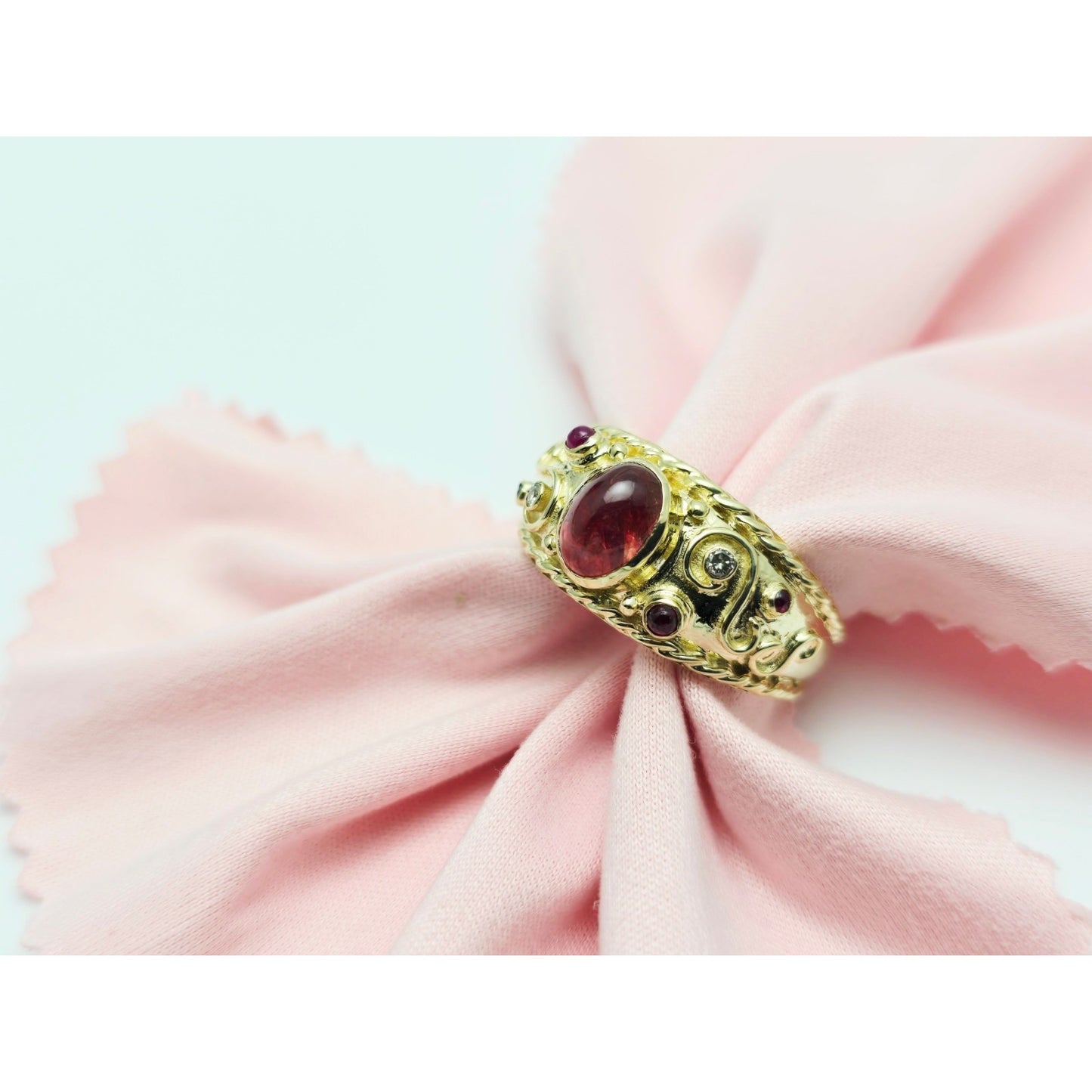 14K Yellow Gold Cabochon Ruby & Diamond Wide Band Ring