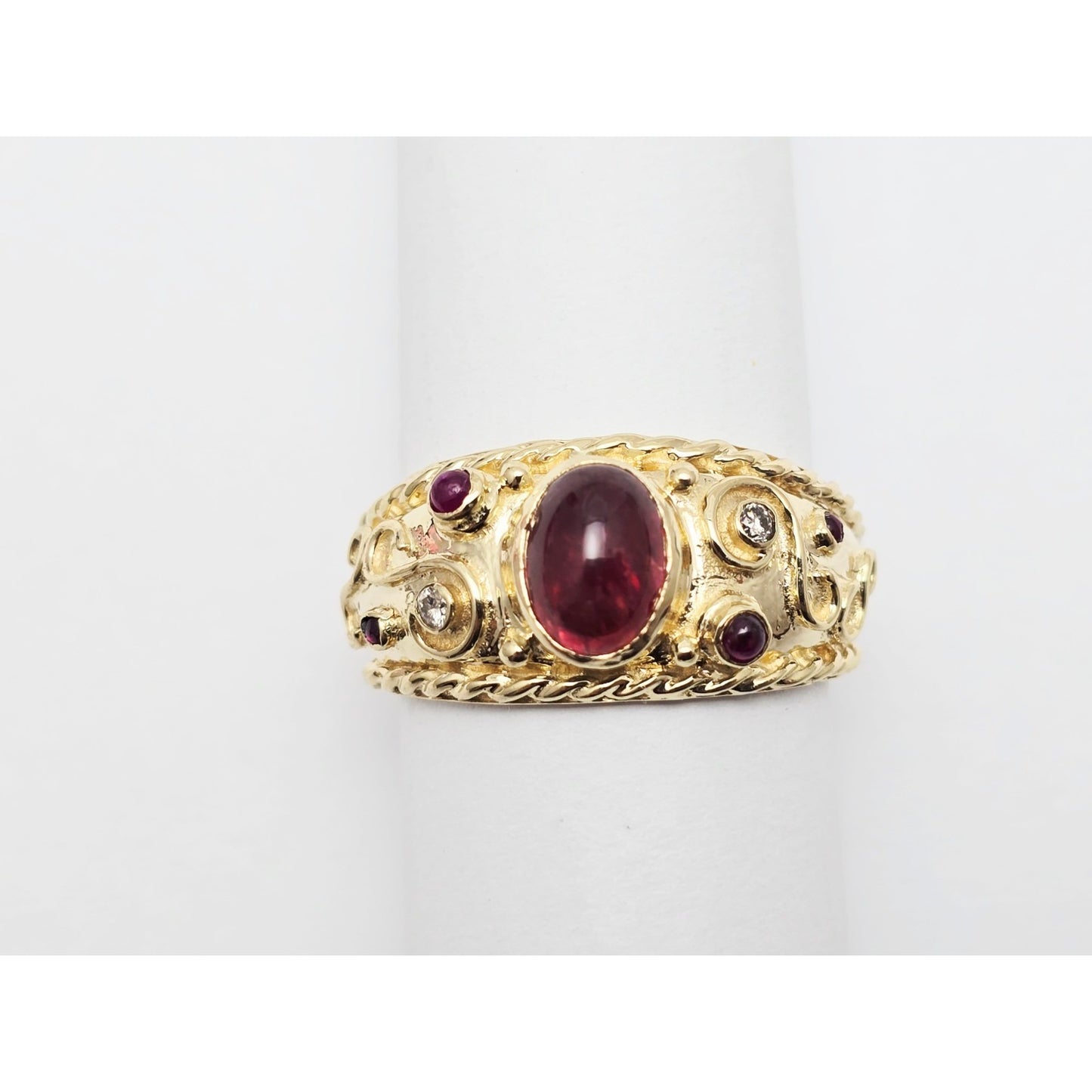 14K Yellow Gold Cabochon Ruby & Diamond Wide Band Ring