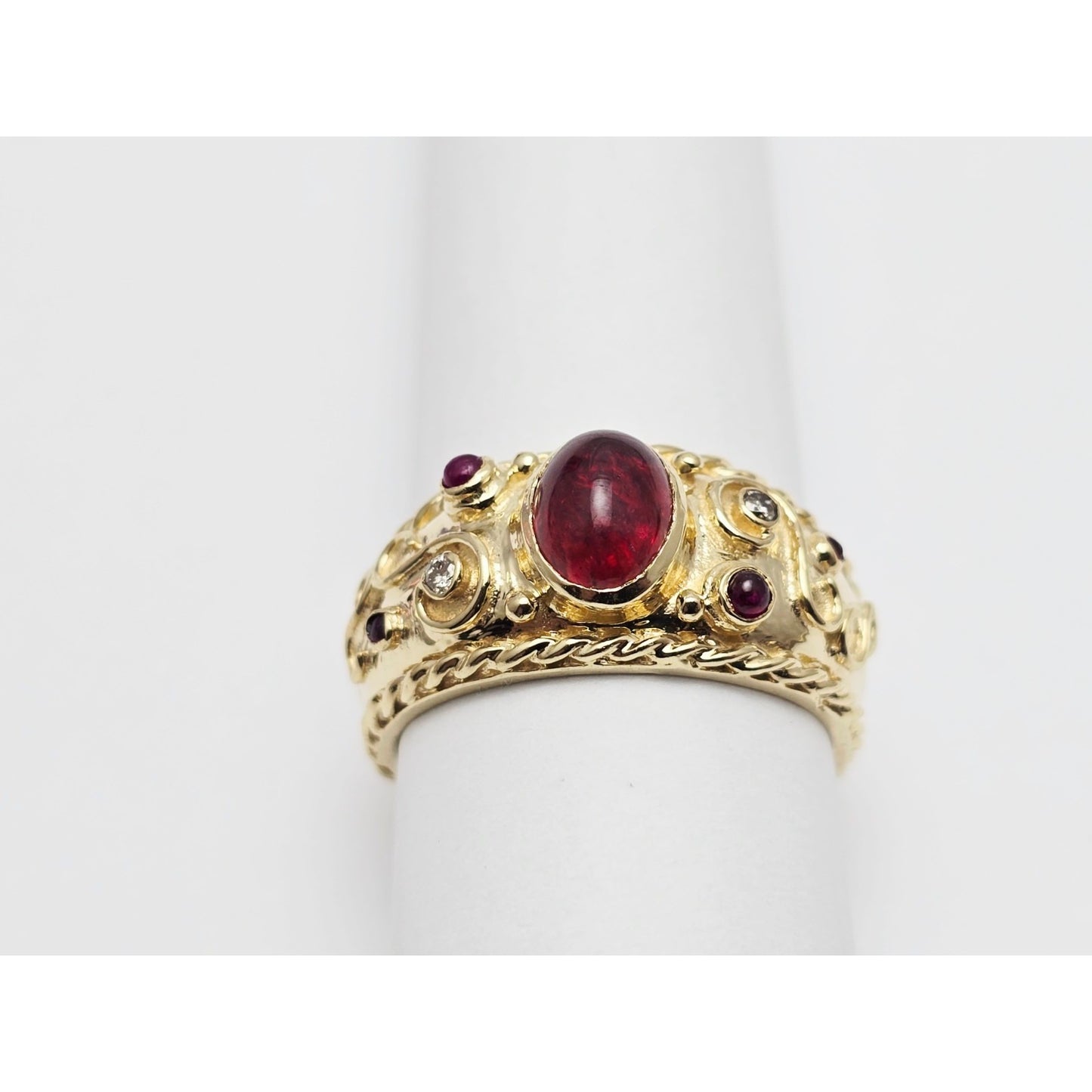 14K Yellow Gold Cabochon Ruby & Diamond Wide Band Ring
