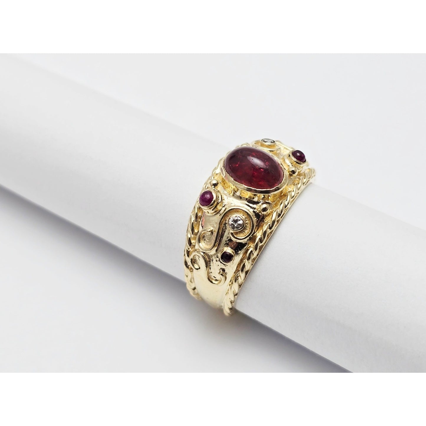 14K Yellow Gold Cabochon Ruby & Diamond Wide Band Ring