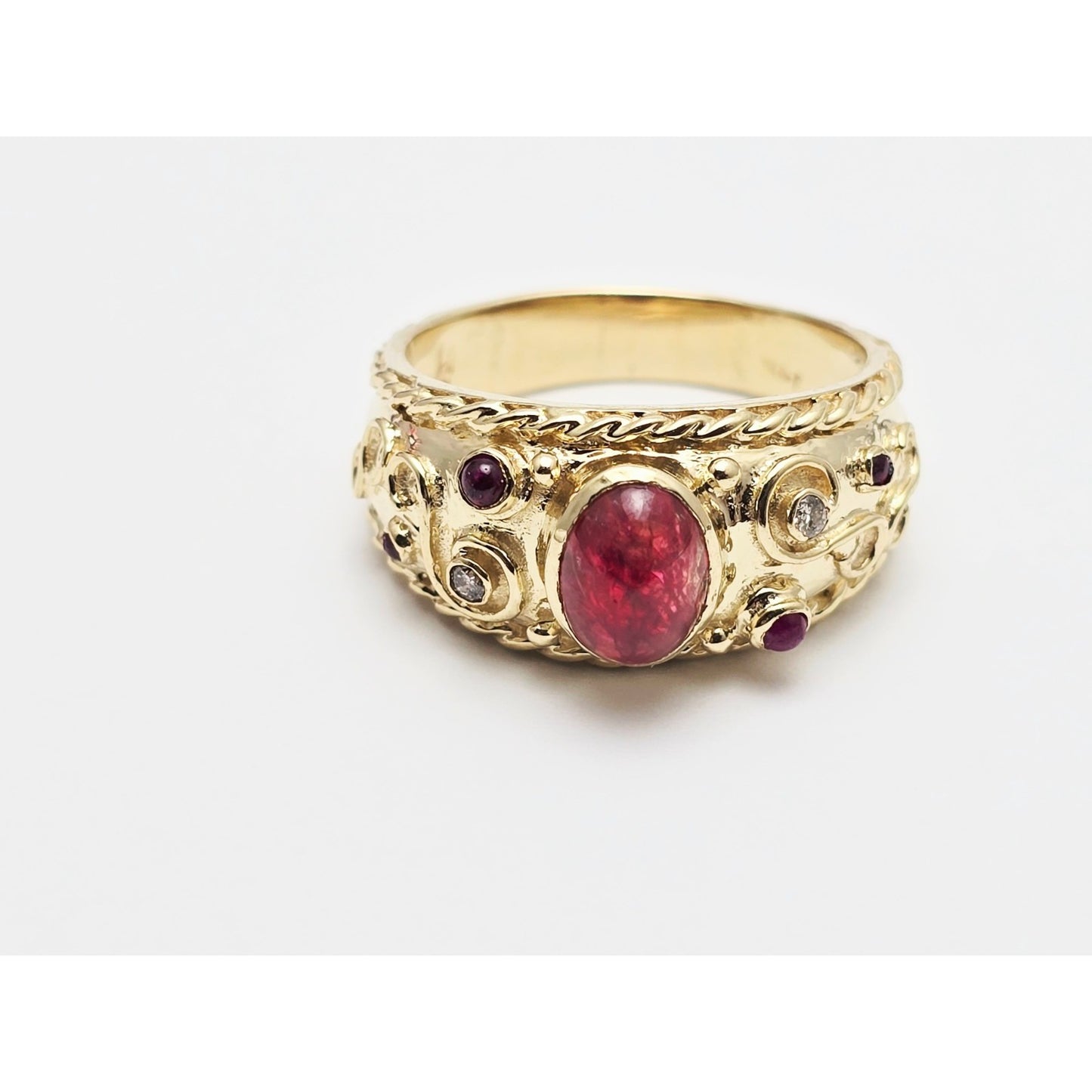 14K Yellow Gold Cabochon Ruby & Diamond Wide Band Ring