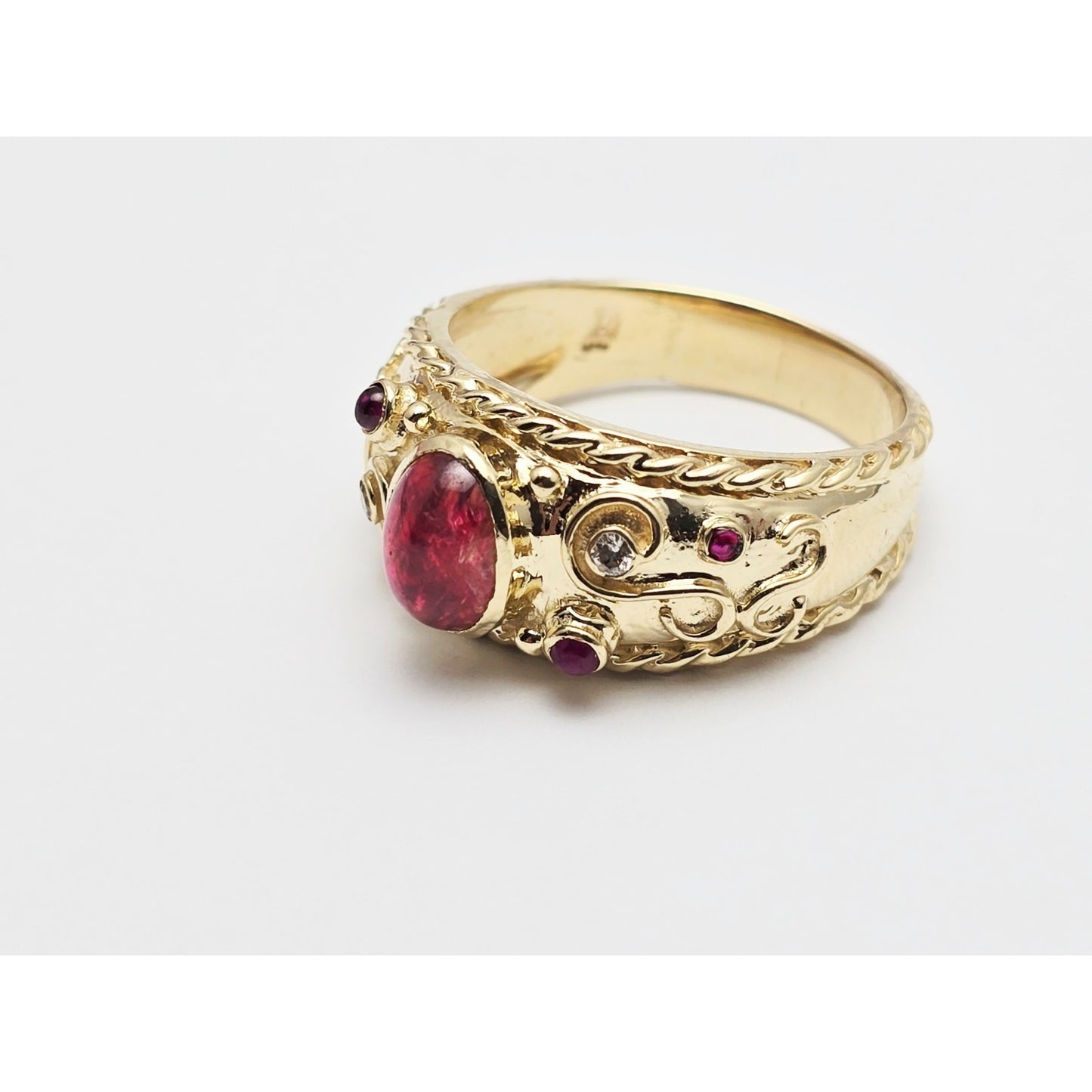 14K Yellow Gold Cabochon Ruby & Diamond Wide Band Ring