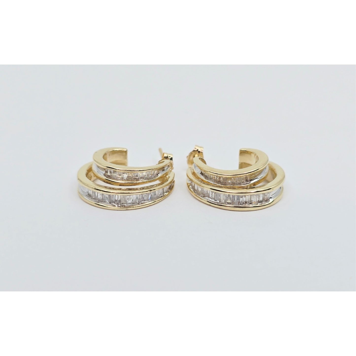 14K Yellow Gold Half Hoop Crescent Baguette Diamond Stud Earrings